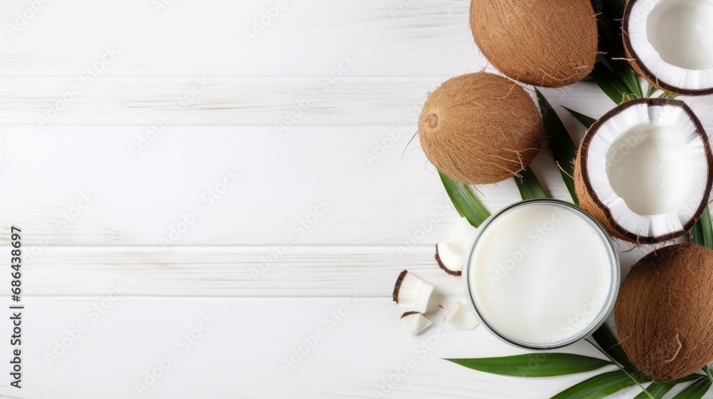 Coconut products on white wooden table background Coconut products on white wooden table background