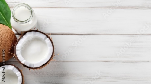 Coconut products on white wooden table background