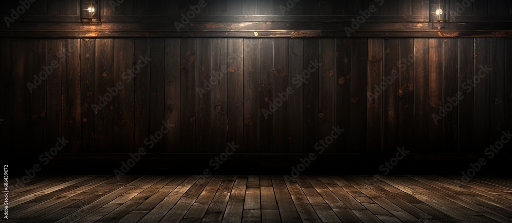 Scene in a dark room with wooden floor and walls Scene in a dark room with wooden floor and walls