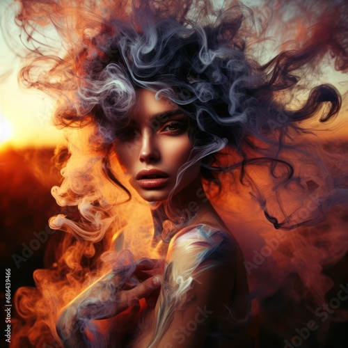 beautiful fire elemental goddess or demon burning with flames photo
