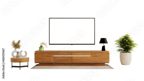 TV on the cabinet in modern living room on transparent background.3d rendering