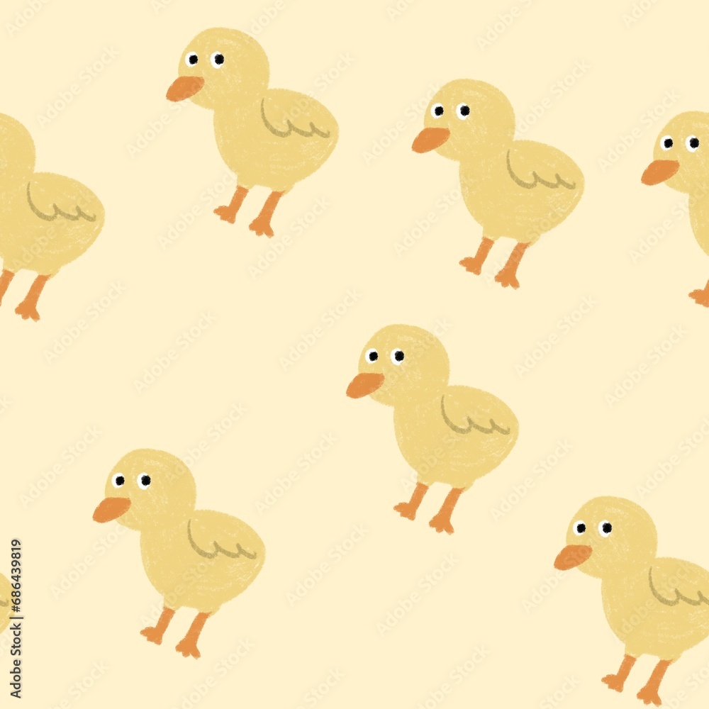 little chicken cartoon illustration seamless on bright yellow background.