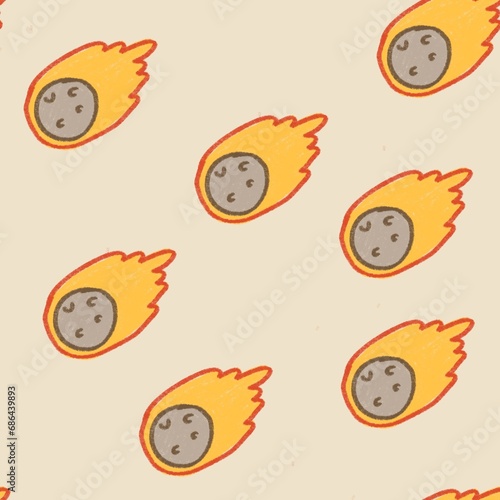 Asteroid cartoon illustration seamless on bright orange background.