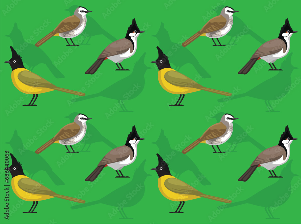 Fototapeta premium Bird Bulbul Cartoon Cute Seamless Wallpaper Background