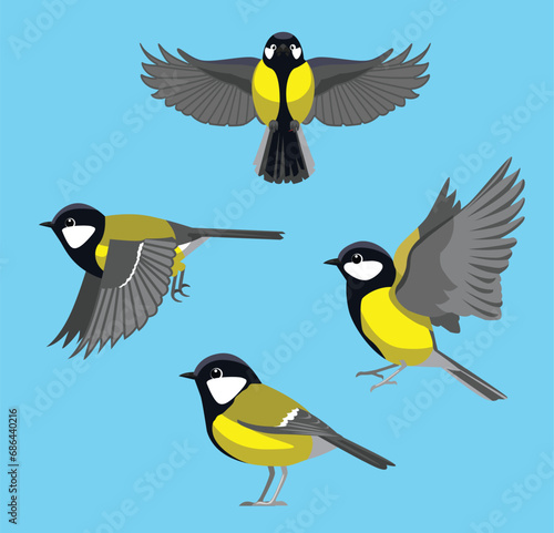 Bird Great Tit Flying Various Poses Cute Cartoon Vector