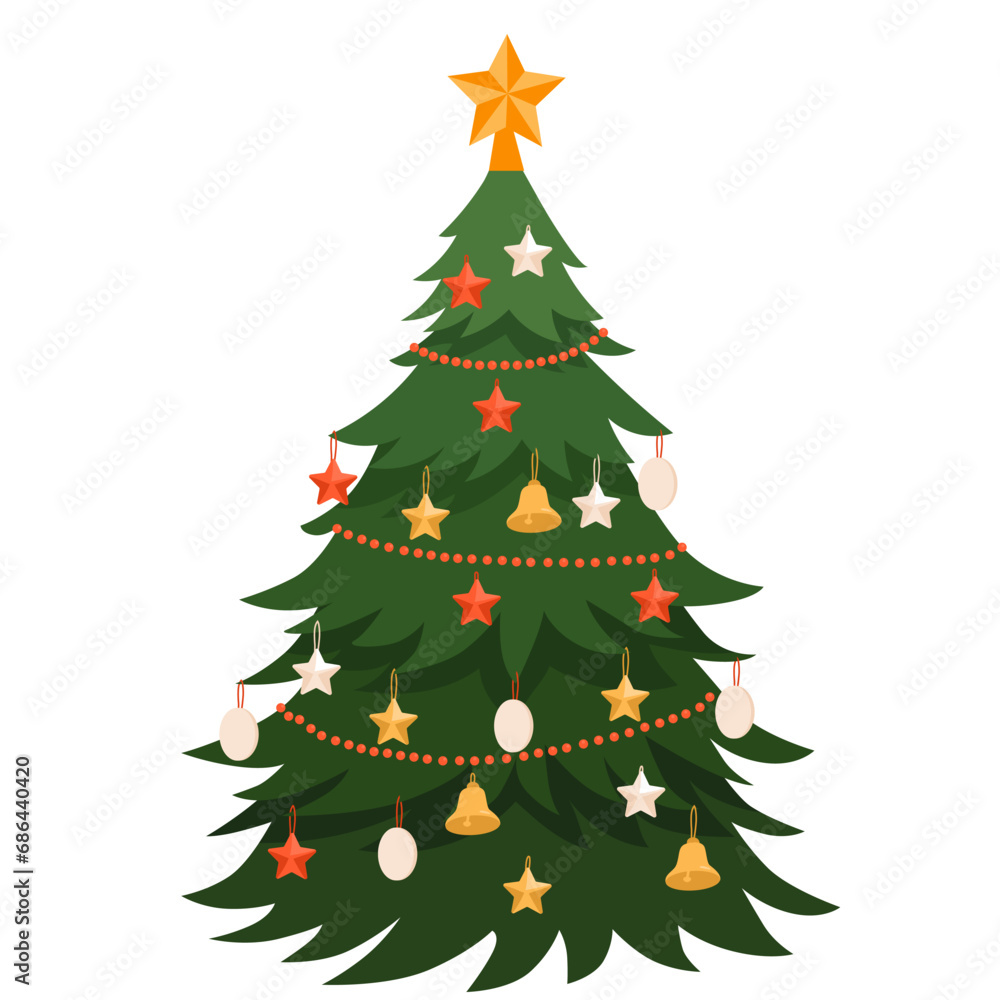 Christmas tree with Xmas star decoration. Green fir or pine, decorated with garland and bells