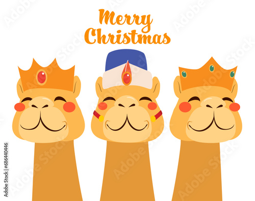 Camel Three Wise Men Crown Postcard Illustration. Animal wearing royal accessory with text design