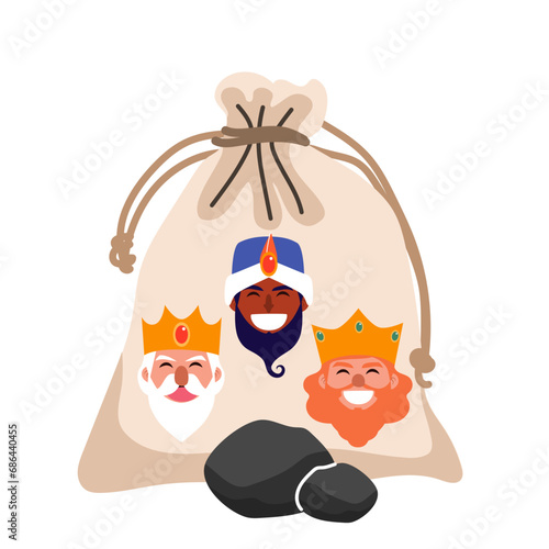 Coal Sack With Three Wise Men Avatar Illustration. Present for naughty kids vector drawing