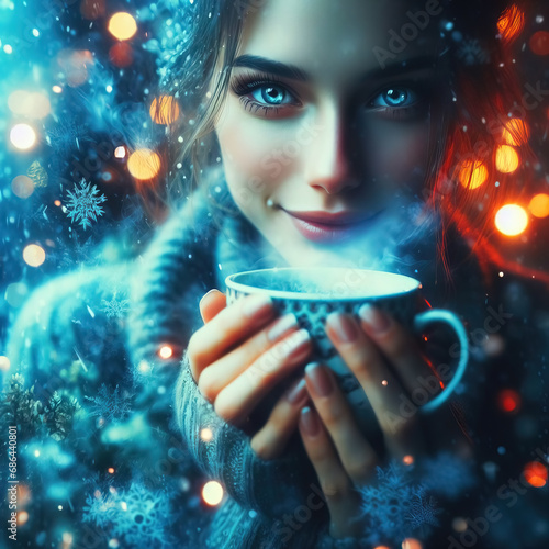 Snowy holiday happy winter Christmas girl portrait with a cup of tea / coffee
