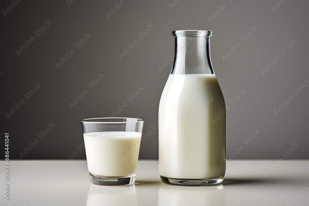 Bottle and glass with milk on a table, with copy space