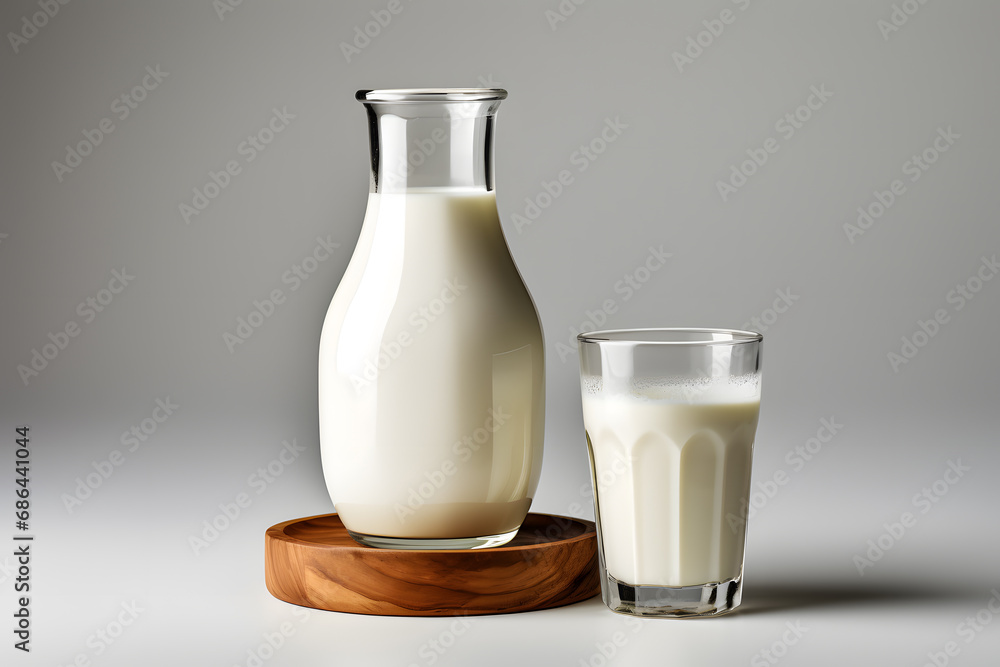 Bottle and glass with milk, with wooden plate, white background and copy space