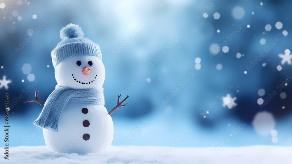 Little snowman in the blurred snow background banner,Christmas background