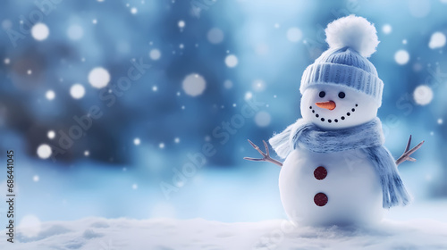 Little snowman in the blurred snow background banner,Christmas background