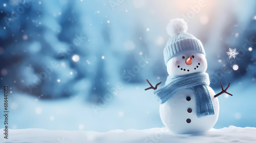 Little snowman in the blurred snow background banner,Christmas background © ma