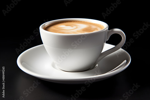 Cup of coffee on black background.