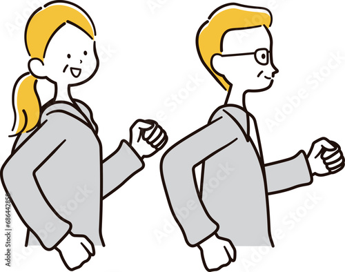 ウォーキングをするシニア男性とシニア女性のイラスト素材