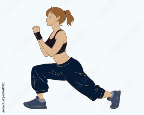 Fitness woman in sportswear doing lunges exercises for leg muscle training. Active athlete doing front forward one leg step lunge exercise. Hand drawn flat cartoon character vector illustration.