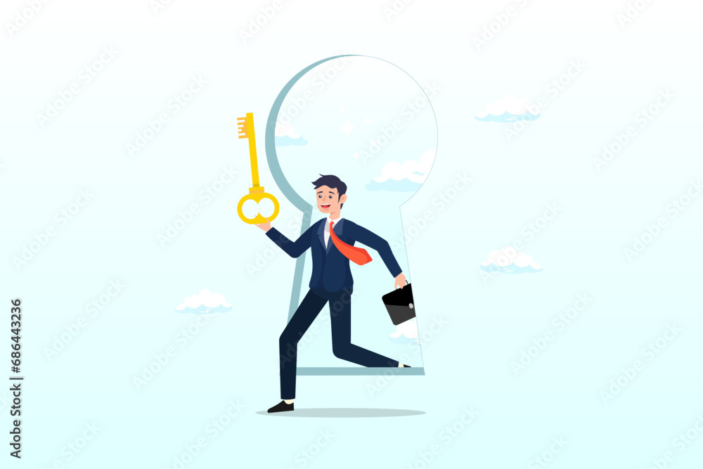 Businessman open door from keyhole to offer secret golden unlock key, success secret key discovery, job offer or career opportunity, unlock key to solve problem, leadership key success (Vector) Businessman open door from keyhole to offer secret golden unlock key, success secret key discovery, job offer or career opportunity, unlock key to solve problem, leadership key success (Vector)