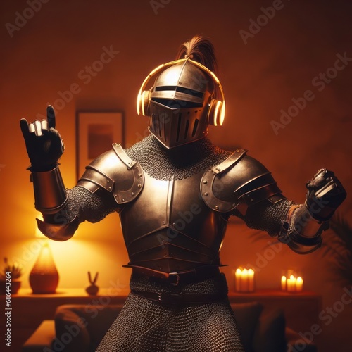 closeup of a knight in armor wearing headphones dancing in the castle