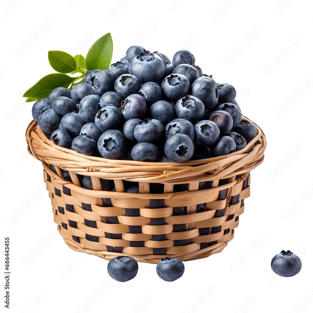 Blueberries in wicker basket isolated on transparent background Blueberries in wicker basket isolated on transparent background