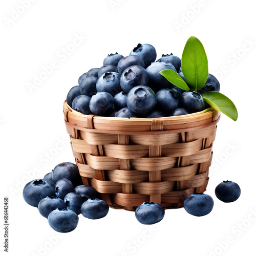 Blueberries in wicker basket isolated on transparent background