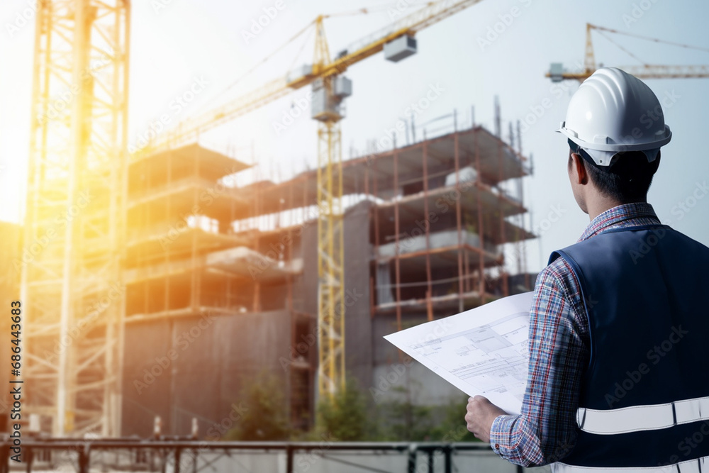 Portrait of a male engineer in safety helmet and reflective vest works and check building construction blueprint plan at a working site. Generative AI. Portrait of a male engineer in safety helmet and reflective vest works and check building construction blueprint plan at a working site. Generative AI.