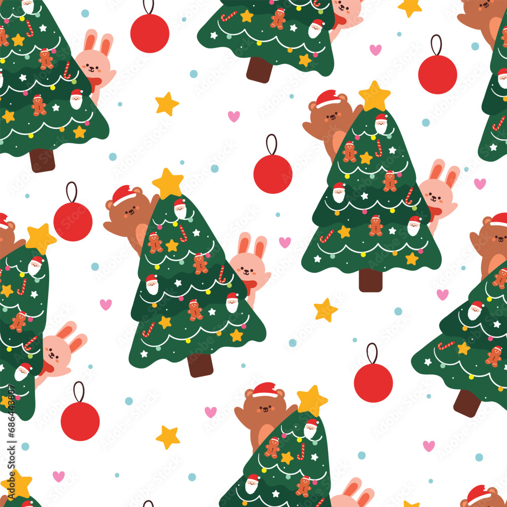 seamless pattern cartoon bear and bunny with Christmas tree and Christmas element. Cute Christmas wallpaper for card, gift wrap paper seamless pattern cartoon bear and bunny with Christmas tree and Christmas element. Cute Christmas wallpaper for card, gift wrap paper