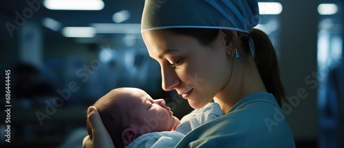 Nurse holding newborn baby in hospital room. Maternal care and support. photo