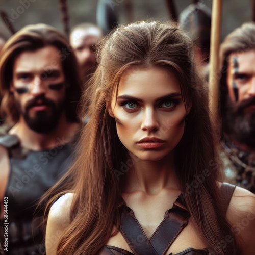 closeup of a strong female warrior angry and ready for battle photo