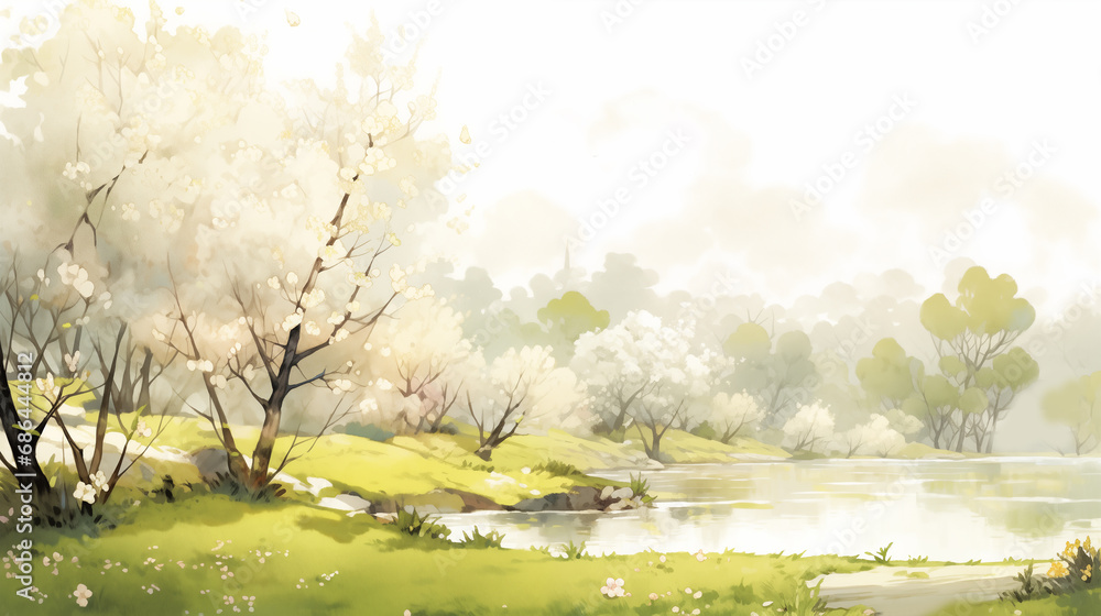 Hand drawn beautiful ink spring landscape illustration background material
