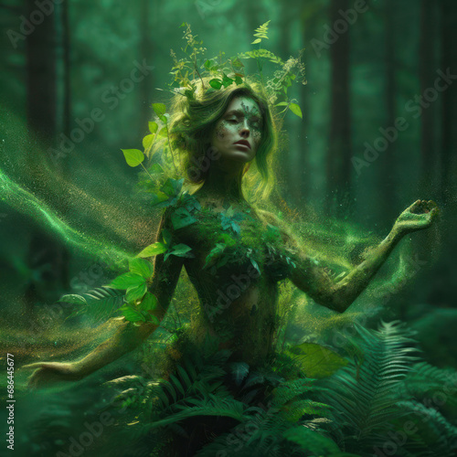 fantasy illustration of beautiful nature goddess, elemental or pixie in a lush jungle forest