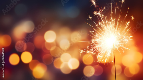 background with sparkler at new year`s eve party with bokeh of glowing colorful lights © jiejie