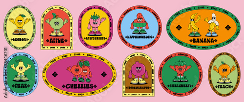 Fruit retro funky groovy mascot labels. Comic characters of fresh fruits in cartoon vintage style. Fruits juicy sticker pack and patches. Healthy and vegan food. Vector