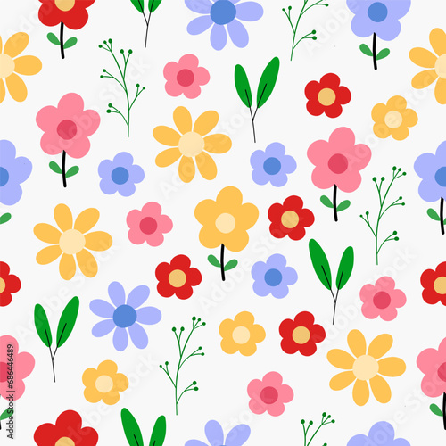 Seamless pattern with beautiful bright flowers. Cute hand drawn floral pattern for your fabric, summer background, wallpaper, backdrop, textile. Vector illustration