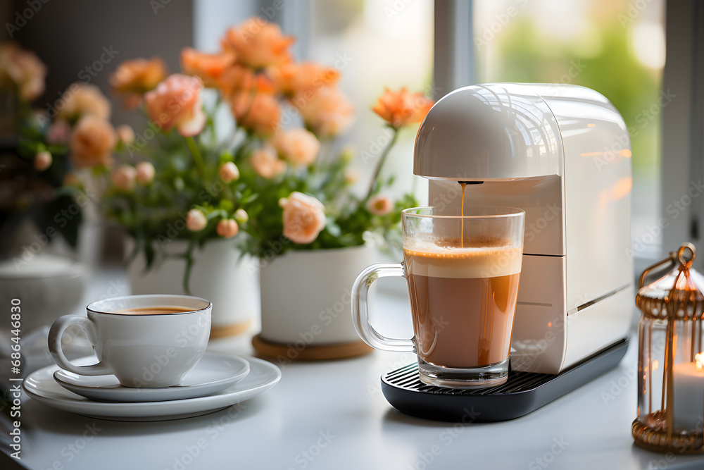 Capsule coffee in a glass mug in the kitchen