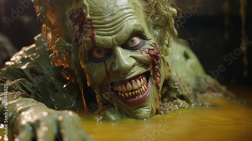 Evil clown in vat of green slime creepy and scary. Concept of Terrifying or Menacing Circus Character, Horror or Halloween-themed Clown, Creepy and Sinister. © Lila Patel