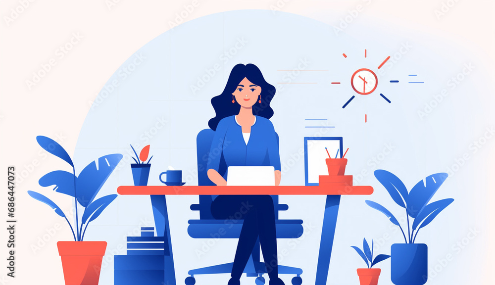 Minimalistic vibrant colorful of a working woman typing on laptop and sitting at working desk flat graphic illustration on a simple background. Generative AI.