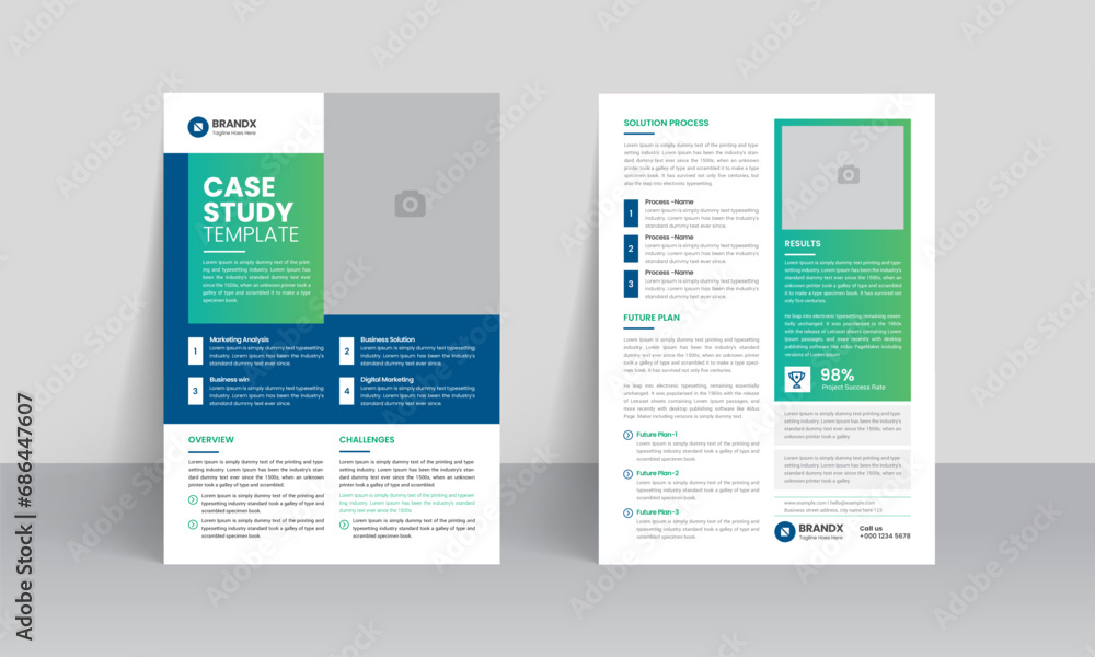 Case study template. Business case study booklet with creative layout. Double-side flyer design