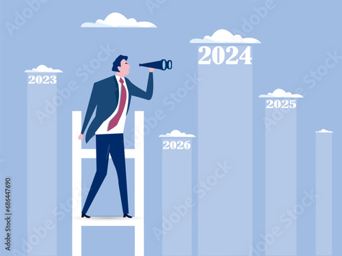 businessman climbing stairs to look through telescope opportunities and targets Visionary sees the future.Year 2024 outlook economic forecast or future vision.