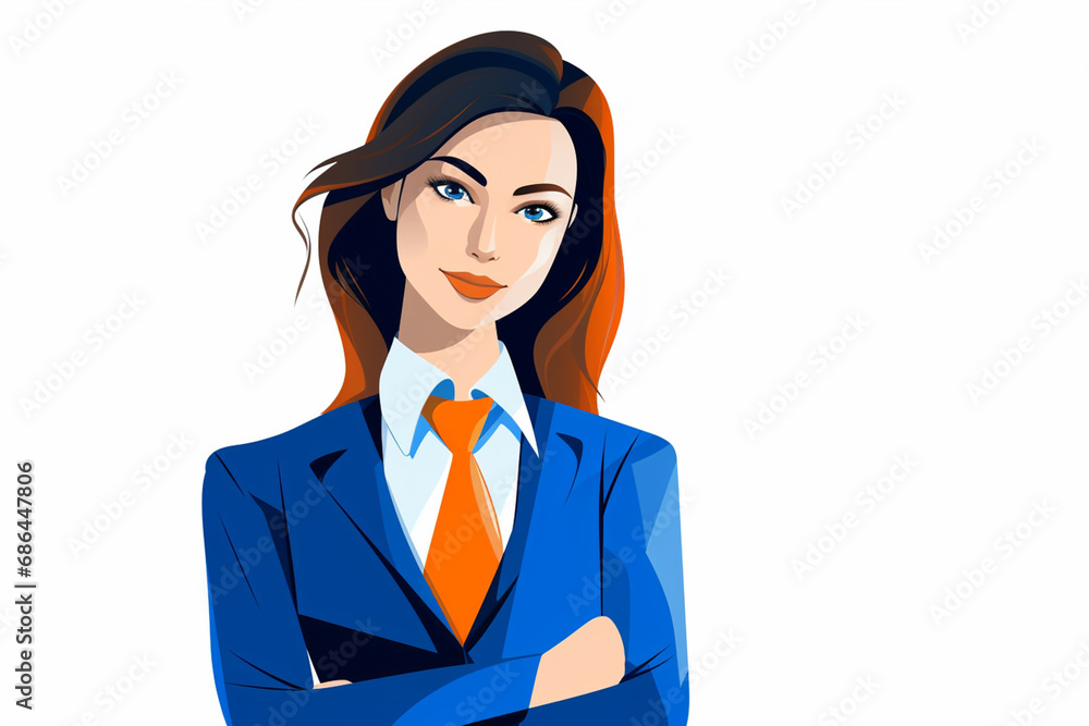 The blue and orange flat portrait illustration of a beautiful and young professional business woman in a smart working suit isolated on a simple and colorful background. Generative AI. The blue and orange flat portrait illustration of a beautiful and young professional business woman in a smart working suit isolated on a simple and colorful background. Generative AI.