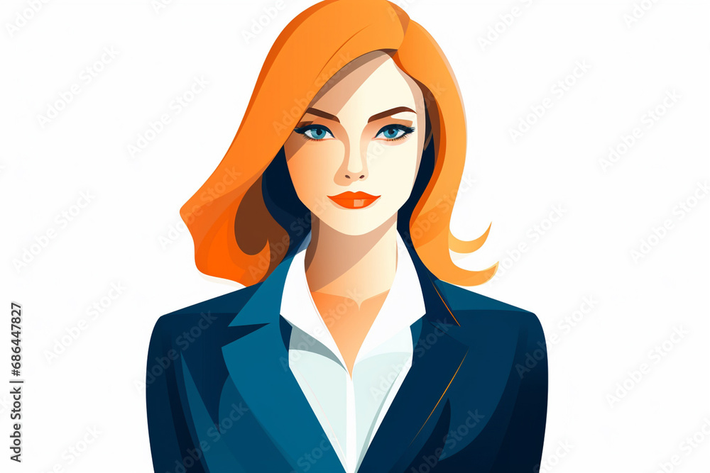 The blue and orange flat portrait illustration of a beautiful and young professional business woman in a smart working suit isolated on a simple and colorful background. Generative AI. The blue and orange flat portrait illustration of a beautiful and young professional business woman in a smart working suit isolated on a simple and colorful background. Generative AI.