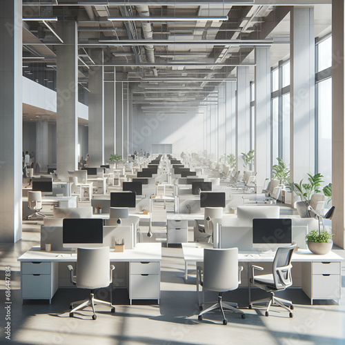 Bright and Clean Industrial Style Office Interior Open Space with Lots of White Table Desks and Gray Chairs  Large Windows  High Empty Ceilings    a Concrete Floor.. No People Working Business Concept
