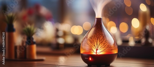 Close up image of a contemporary oil diffuser on a blurry backdrop