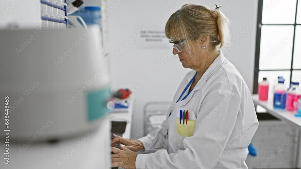 Beautiful, smiling, middle-aged blonde woman scientist laughingly works with computer in lab, blending technology and biology Beautiful, smiling, middle-aged blonde woman scientist laughingly works with computer in lab, blending technology and biology