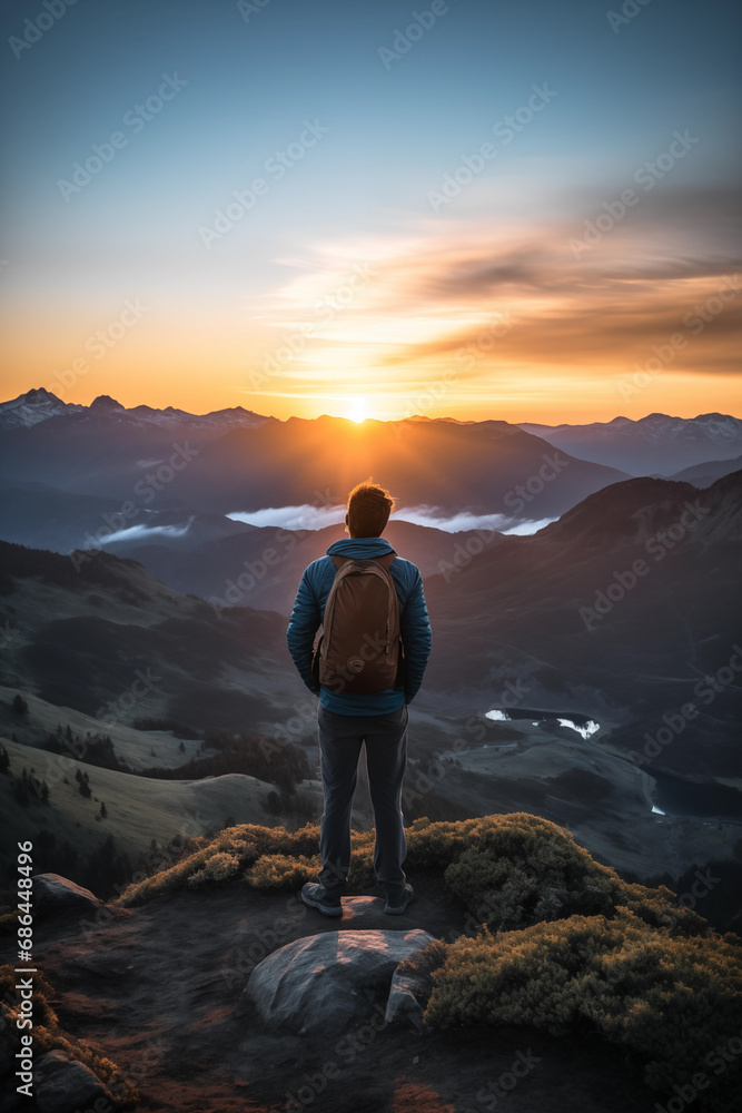 Fototapeta premium a person observing at a sunset in the mountains Generative ai