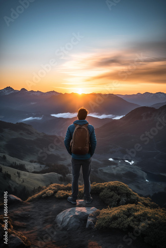 a person observing at a sunset in the mountains Generative ai
