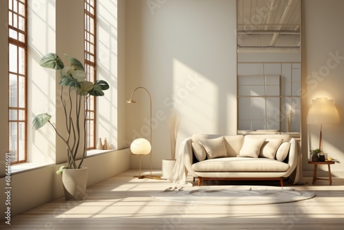 beautiful home interior minimal design bright clean clear beige color scheme living room sofa and decorating contemporary room with sun light from window comfort ambient interior house creative ideas