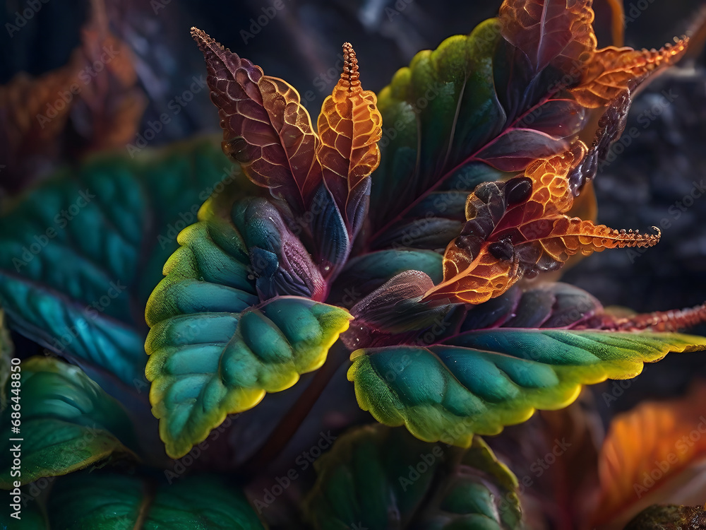 Fototapeta premium Dive into the intricate beauty of nature with mesmerizing macro photography. Explore vibrant foliage and earthy textures in a smoke-kissed avant-garde masterpiece. 🌿📸