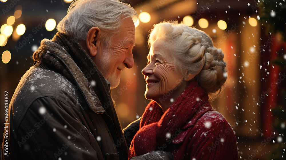 Senior couple in love at Christmas outside on snowy day. Concept of Elderly Love and Holiday Romance, Affectionate Bond Amidst Festive Season. Senior couple in love at Christmas outside on snowy day. Concept of Elderly Love and Holiday Romance, Affectionate Bond Amidst Festive Season.