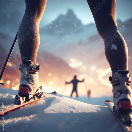Close up of skis. Skier legs skiing downhill in high mountains, evening, blurred background, sunset
